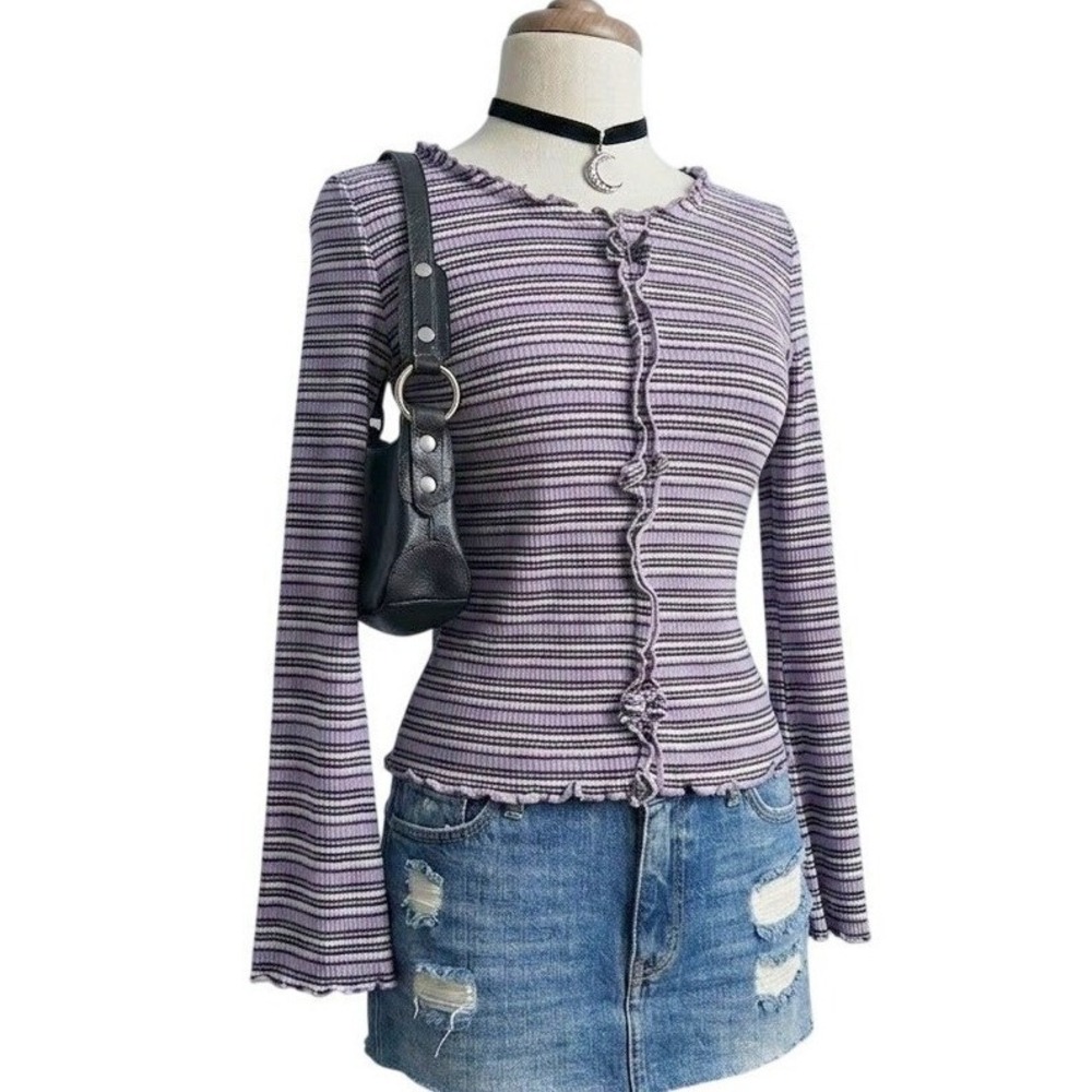 Vintage y2k Top Levi's Purple Striped Lettuce Edge Ruffle Long Sleeve Small